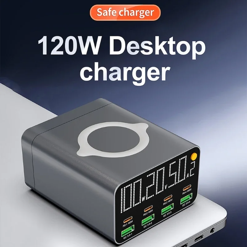 

120W 8 Ports USB Charger Station With Wireless Charging Digital Display Screen QC3.0 PD3.0 Quick Charge For Phone 14 13 Xiaomi