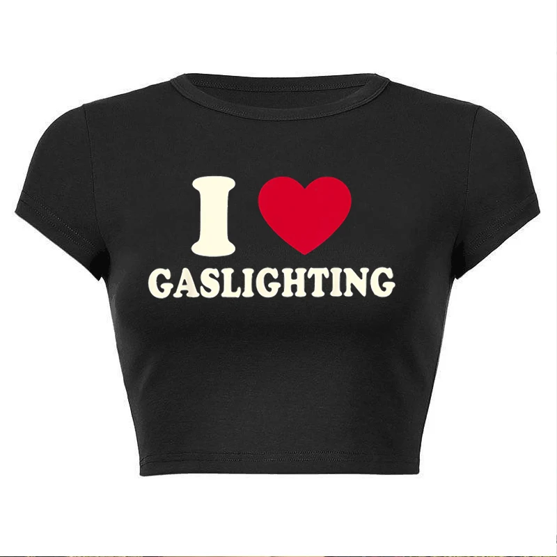 Red Heart I Love Gaslighting Vintage Aesthetic Crop Tops Short Sleeves Casual Baby Tee Y2k Fashion Printed Tops Ladies T-Shirt