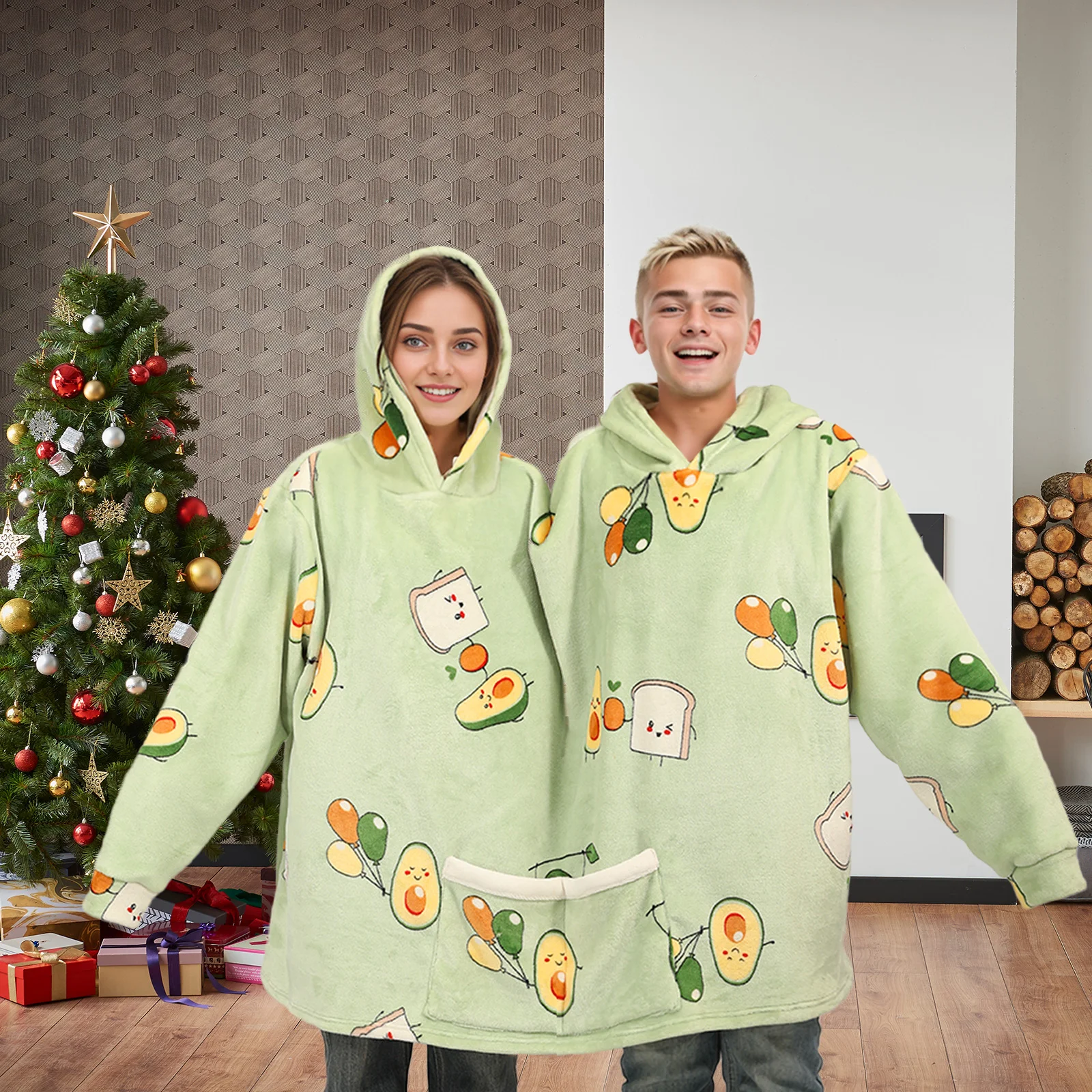 Avocado Pattern Double Snuddie Popcorn Couple Pairs Pajamas Autumn Winter Plush Hooded Blanket One Size For Adults