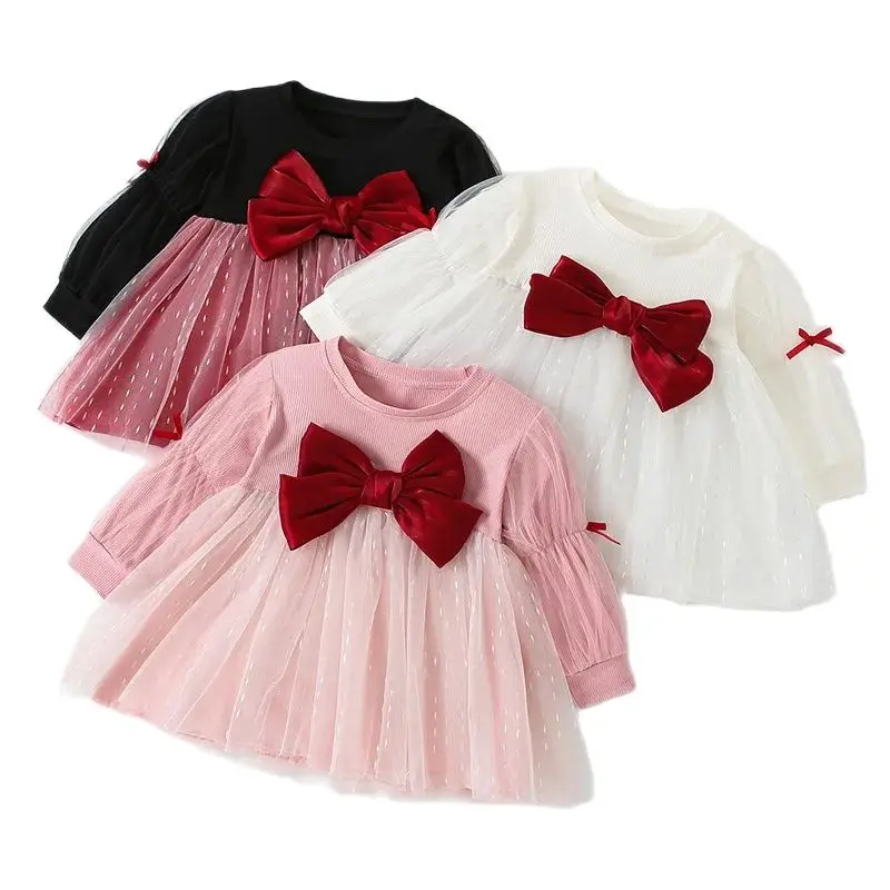 Children's Dress Cute Spring Autumn Girl Fashion Long Sleeve Butterfly Knot Mesh Dress Infants Young Children 0-4Y Party Dress