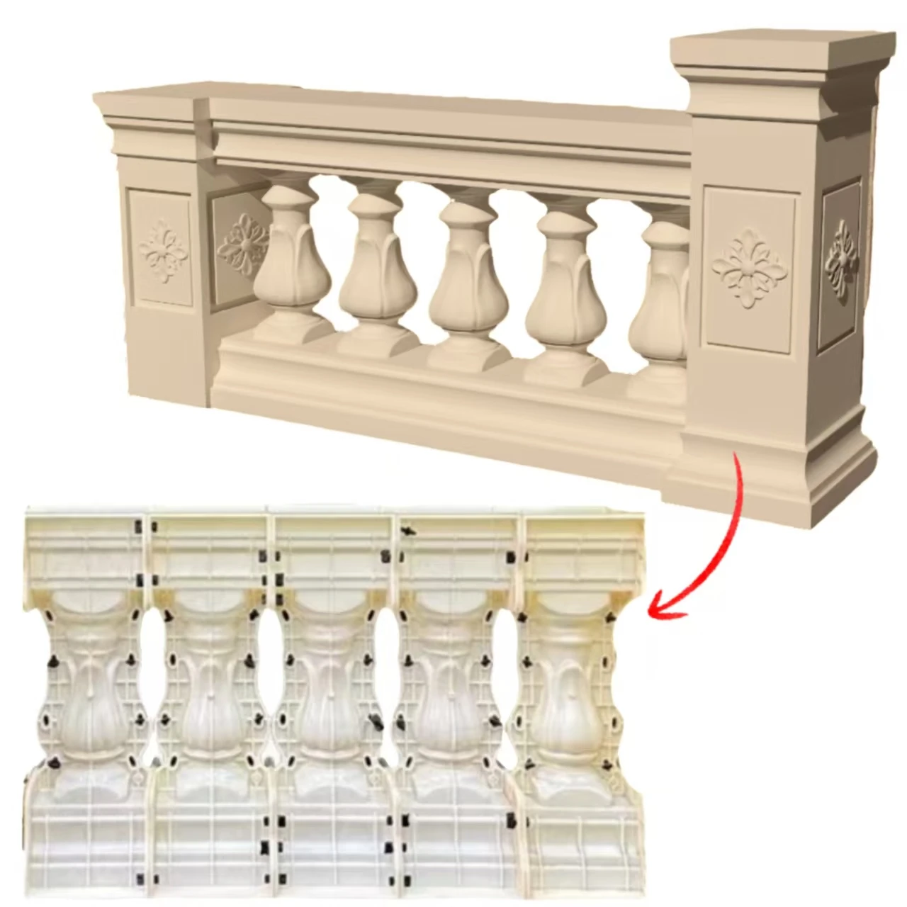 Molde de barandilla de fundición de hormigón estilo orquídea de 60 cm de alto, 1,0 m (cinco columnas pequeñas en total), molde de barandilla de columna romana, valla de villa de estilo europeo, modelo de cemento fundido en efectivo, barandilla de balcón DIY, reutilizable, fácil de operar.