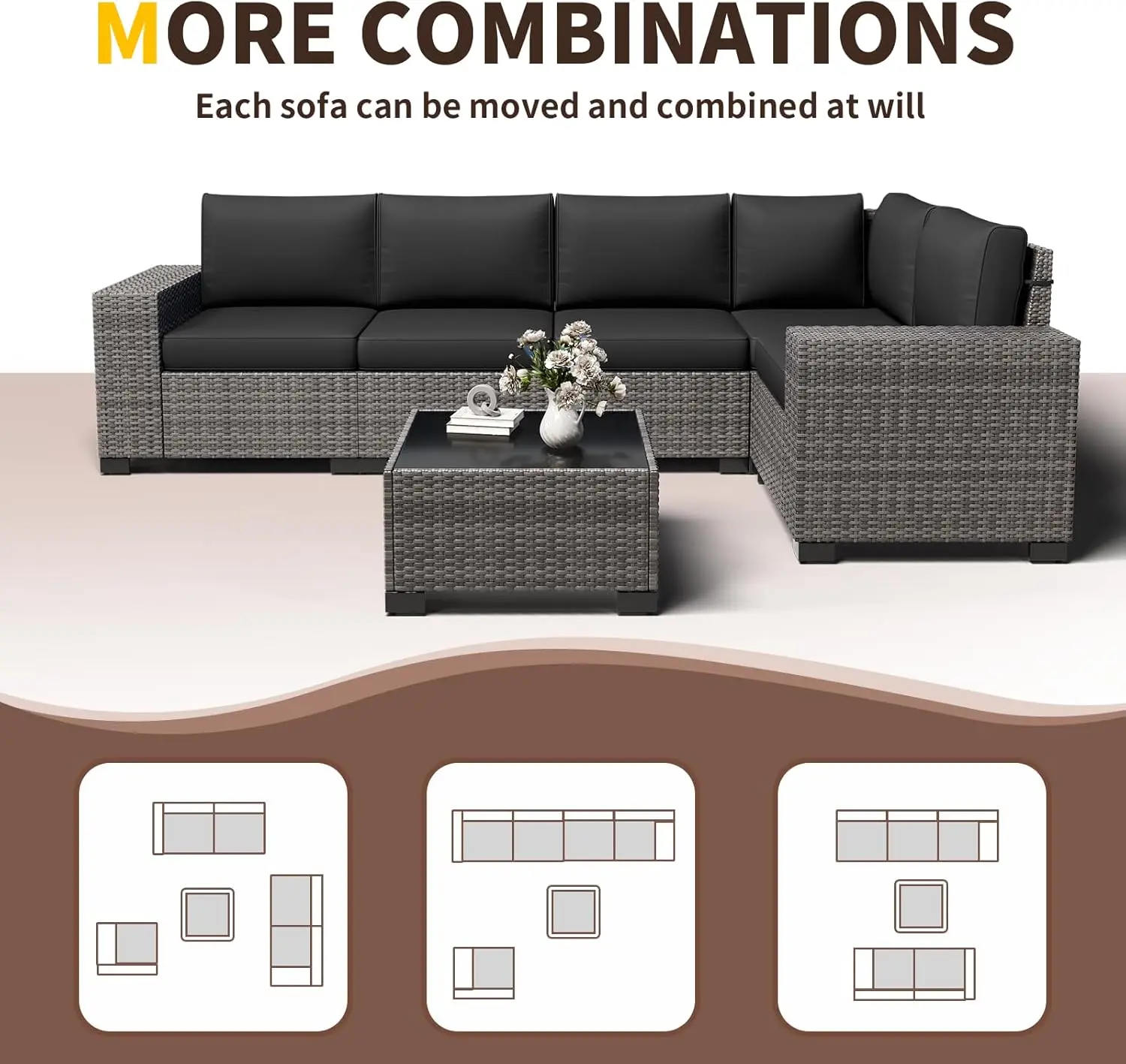 Furniture Set, Wide Outdoor Sectional Rattan Sofa Set, Wicker Patio Conversation Set , Poolside, Porch,