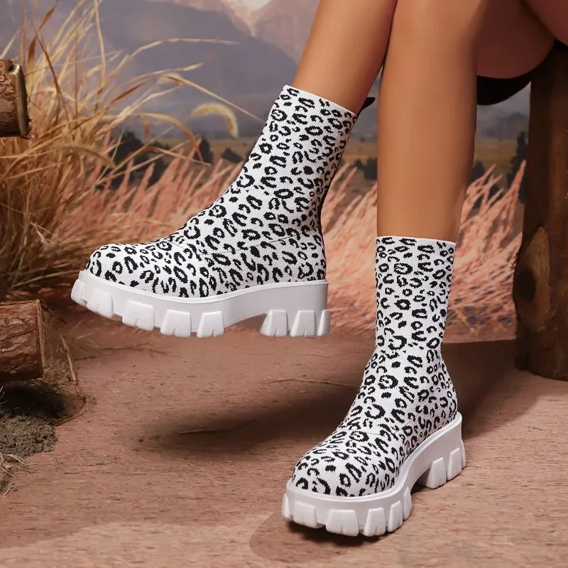 Platform Flats Women Leopard Ankle Boots Knitting Sock Boots Women Shoes Brand New 2025 Trend Classic Chelsea Snow Botas Mujer