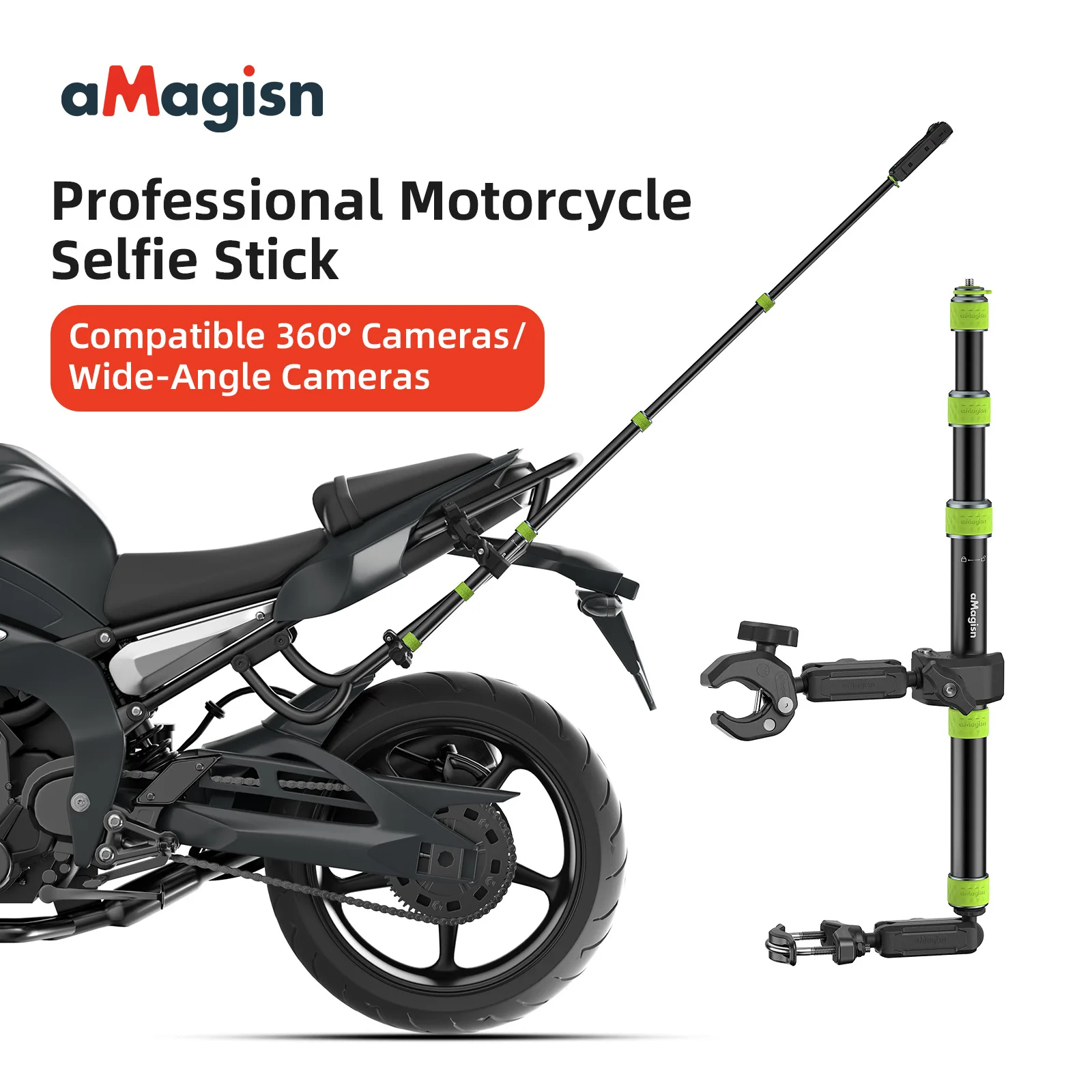 aMagisn For GoPro / DJI / Insta360 Professional Motorcycle Selfie Stick 34cm - 110cm Metal Pole 1/4 Thread Pole Convertible