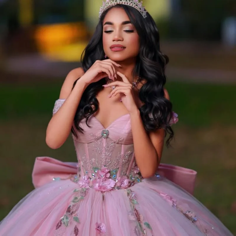 

Pink Quinceanera Dress Crystal Glitter Decal off-shoulder 3DFlower Long tail Bow Vestidos De 15 Quinceanera ﻿Customize