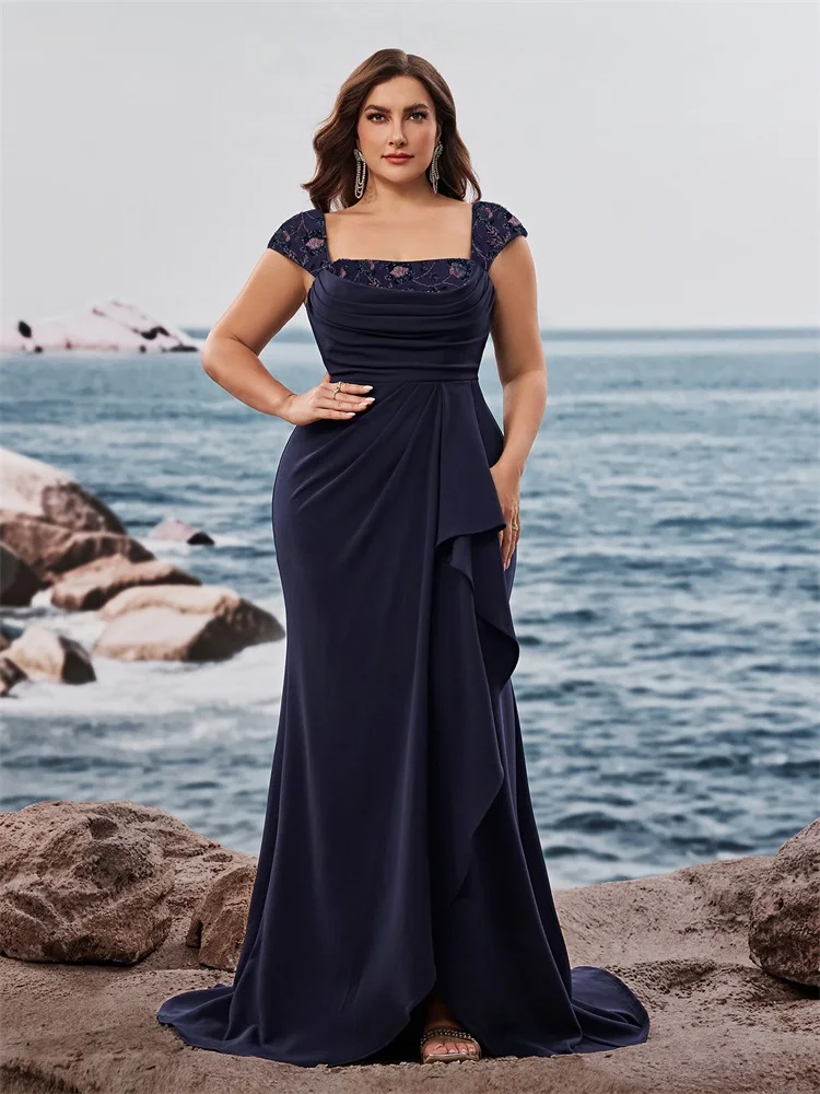 Lucyinlove Abiti da sera eleganti con paillettes Donne di lusso Colletto quadrato pieghettato Prom Party Lunghezza pavimento Abito da cocktail formale blu