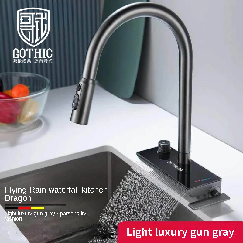 

2023 Kitchen Digital Display Feiyu Waterfall Faucet Hot and Cold Pull-out Mixer Tap Copper Washing Basin Household Sink Faucet