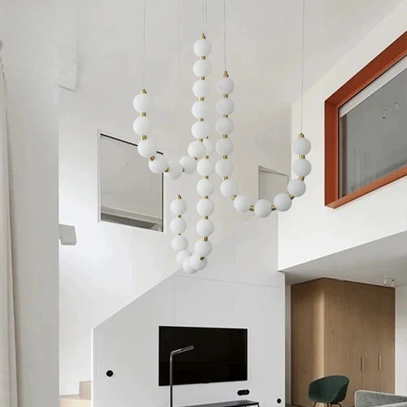 

French Magic Bean Pearl Necklace Chandelier LED Duplex Stairwell Loft Living Room Hotel Bedroom Atmosphere Ceiling Hanging Lamps