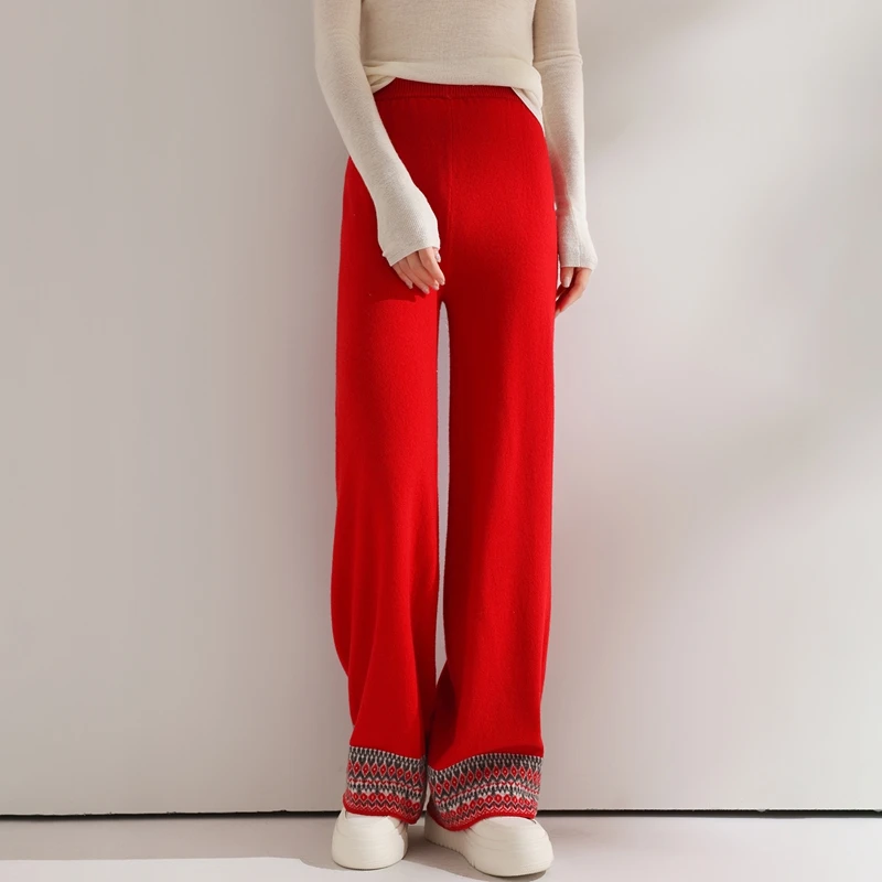 Pantalon en cachemire épais pour femme, jambes larges, décontracté, ample, torsadé, fleur, 100% laine mérinos, tricot populaire, automne et hiver