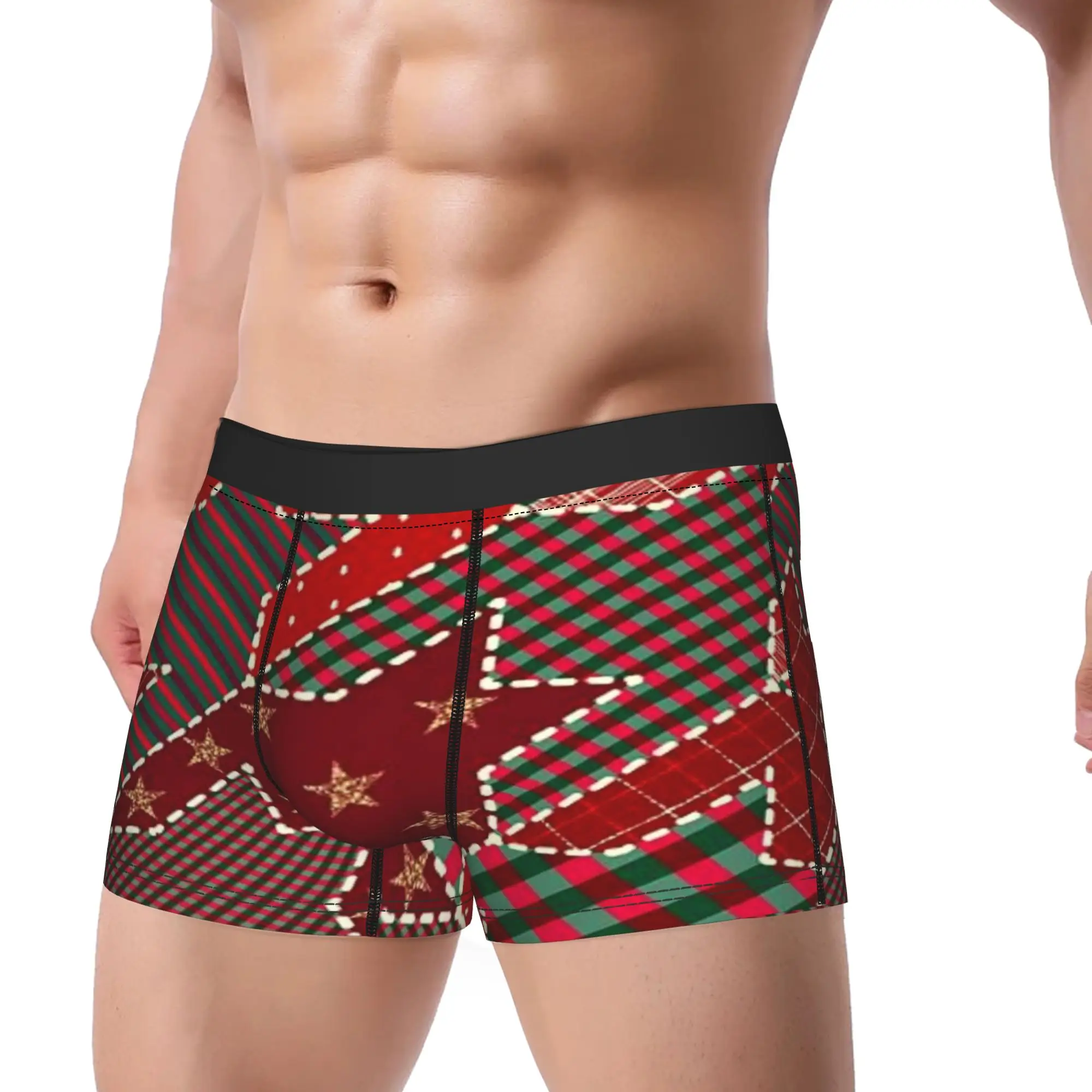 Christmas Plaid Patchwork Holiday Pattern  Underpants Breathbale Panties Men's Underwear Print Shorts Boxer Briefs