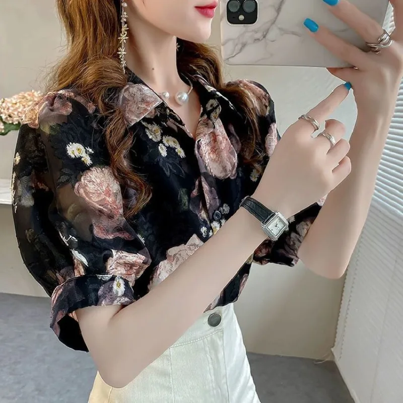 Women\'s 2024 Summer New Korean Commute Printed Short Sleeved Chiffon Blouses Fashion Casual Lapel Loose Single-breasted Shirts