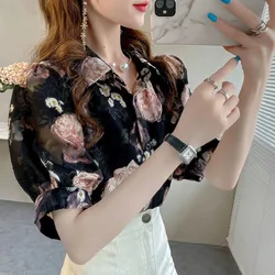 Women's 2024 Summer New Korean Commute Printed Short Sleeved Chiffon Blouses Fashion Casual Lapel Loose Single-breasted Shirts