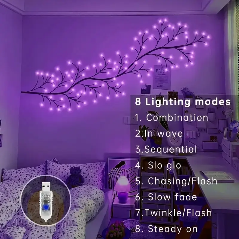 1PC 48LED Viola FAI DA TE Salice Artificiale Luci di Vite Alimentato USB Lampada Della Stringa Decorazione Della Parete Luci Per La Casa Di Natale Halloween