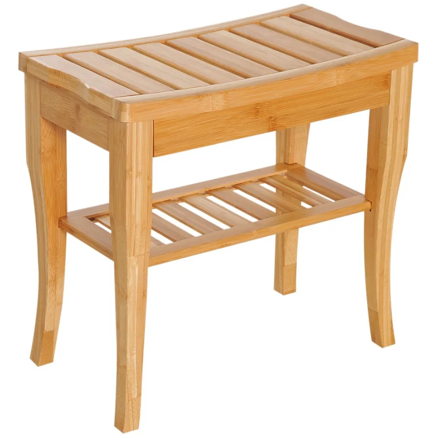 

Long Bamboo Shower Bench Seat 20 Wooden Spa Shower Stool with Underneath Storage Shelf Shoe Organizer