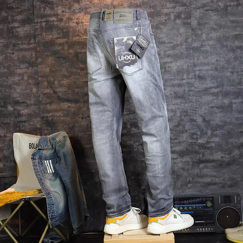 Italian Style Fashion Men Jeans Retro Gray High Quality Stretch Slim Fit Vintage Jeans Men Casual Designer Denim Pants Hombre