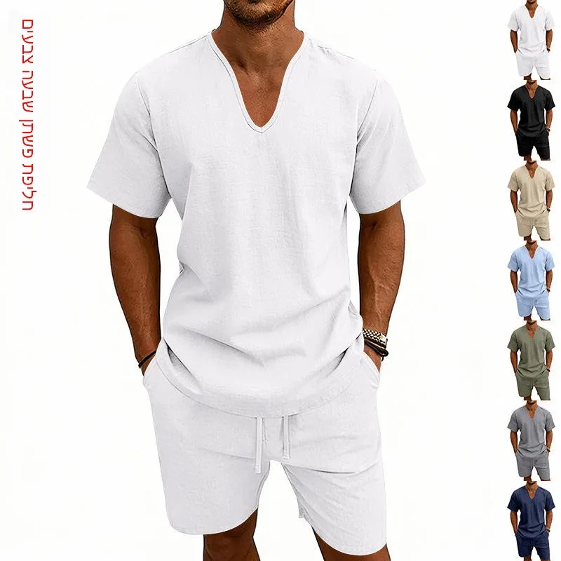 

Летний комплект в американском стиле: мужской повседневный свободный костюм из 7 цветов, однотонный, с V-образным вырезом, коротким рукавом и шортами, подходит для молодежи