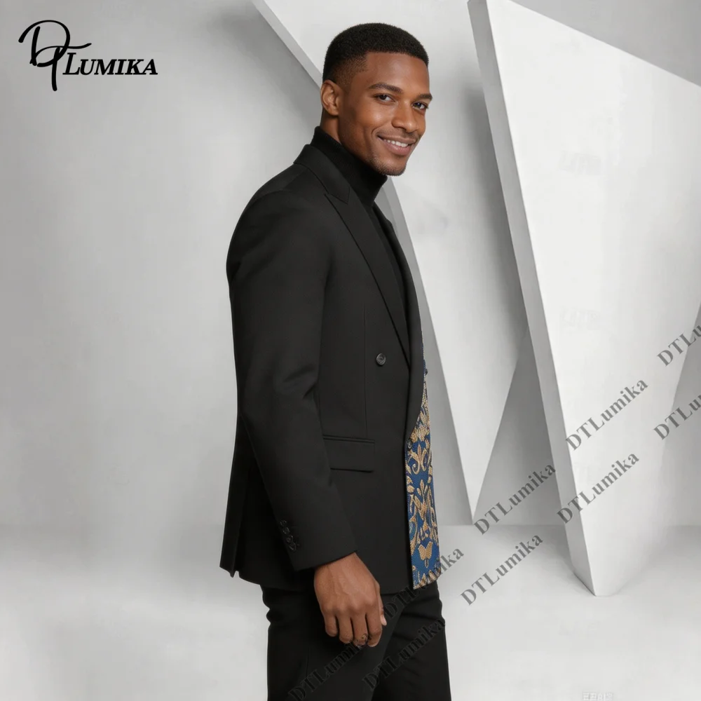 Made To Measure Men Suit 2 Pieces Black Blazer Pants Unique Pattern Lapel Double Breasted Jacket Wedding Guest Party Prom Tuxedo view 4