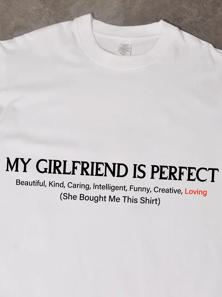 Couples Cotton T-Shirts Loose Short Sleeve round Neck My Girlfriend Is Perfect Casual Style Anti-Pilling Summer Tees for Teens