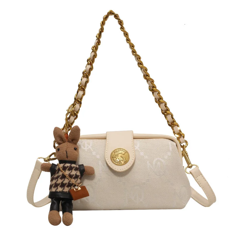 European Ladies Shoulder Bag Fashion Chain Girl Crossbody Handbag Tote Bag Vintage Printing Pendant Decoration Canvas Material
