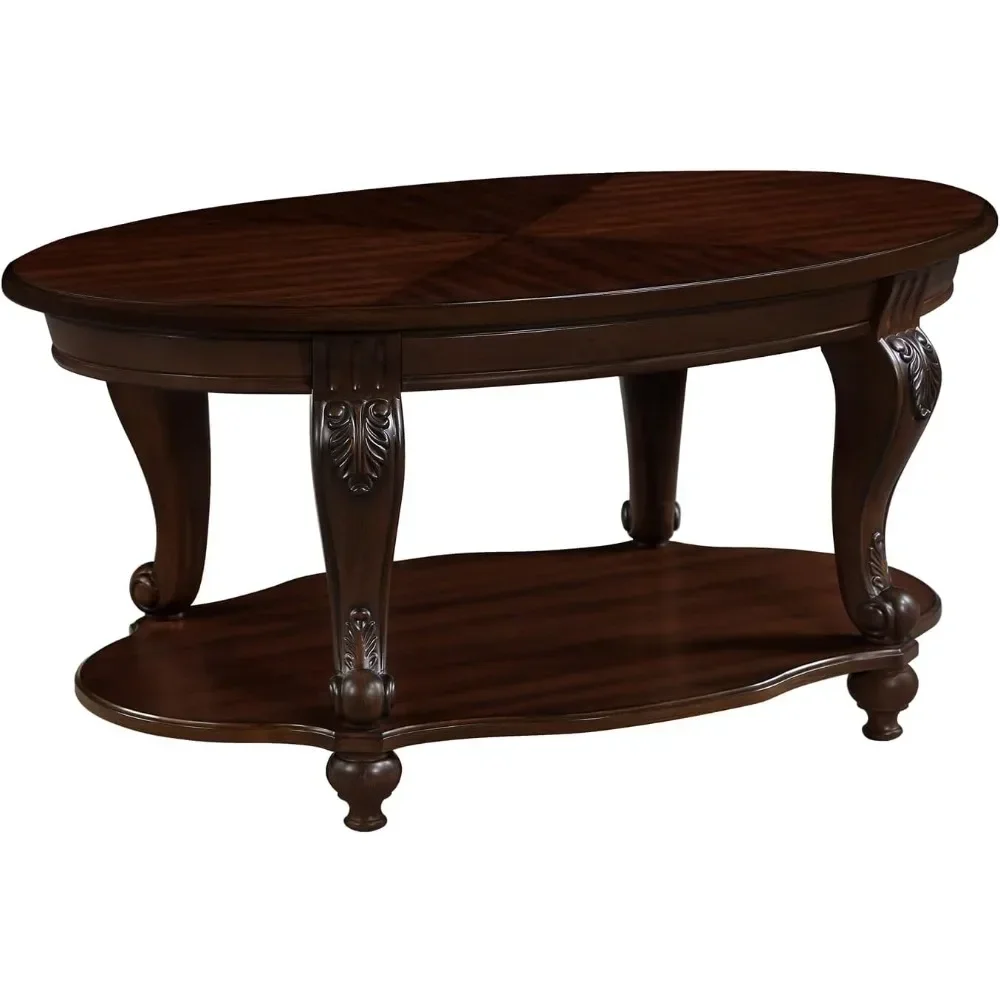 Wood Coffee Table for Living Room Oval Coffee Table with Storage Shelf, Antique Table Legs with Elegant Carvings, Easy Assembly