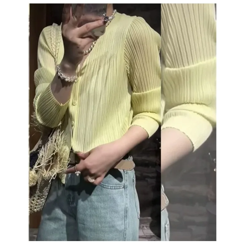 Miyake Pleated Shirt 2025 Fall New Plisse Versatile Slimming Long-Sleeve Shirt Women Designer Pleated V-Neck Cardigan Pleats Top