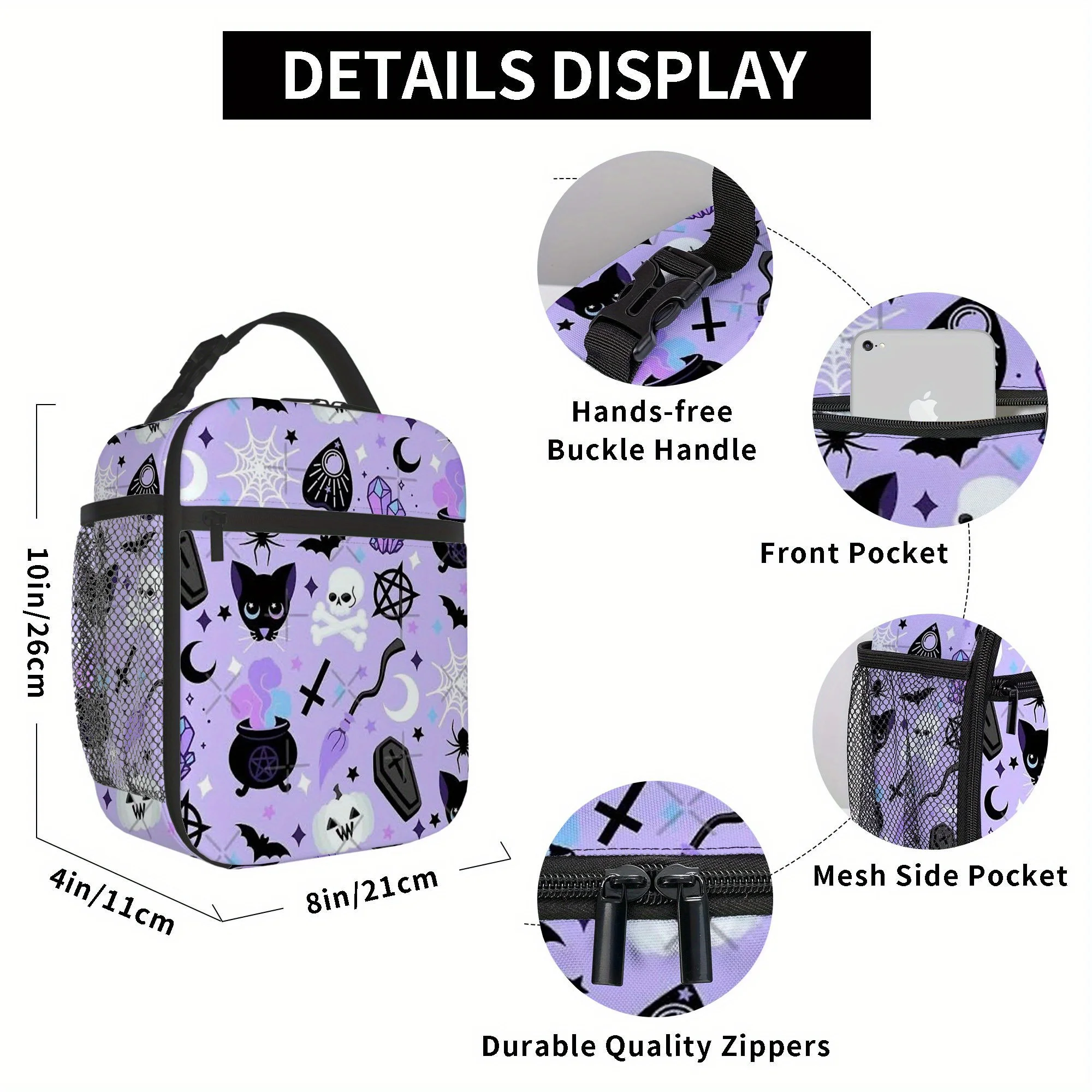 1pc, Gothic Halloween Pattern with Cats, Bats and Crystals Printed Thermal Bag Insulation Tote for Home/Restaurant/Office Use