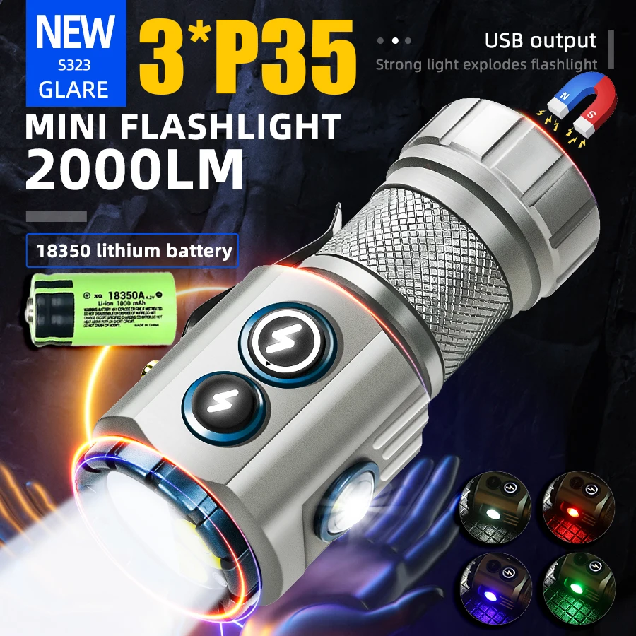 Powerful 2000 Lumens 3 LED Flashlight USB Rechargeable With RGB Side Lamp Outdoor Hiking Camping Cap Clip Torch with Magnet