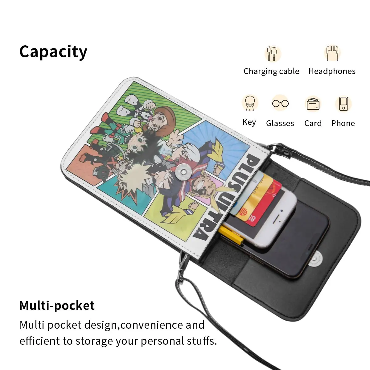 Anime My Hero Academia Crossbody Wallet Cell Phone Bag Shoulder Bag Cell Phone Purse Adjustable Strap