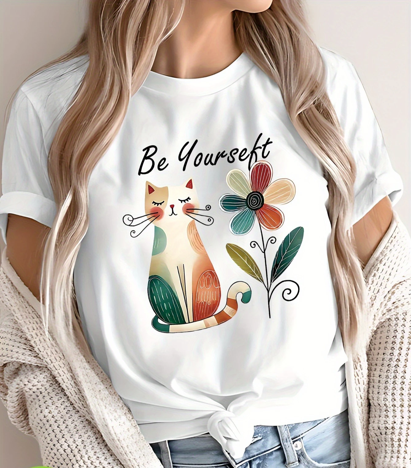 

Женская футболка с коротким рукавом с ярким котом и цветочным дизайном Графический «Будь себя» Летний женский топ в повседневном стиле с цитатой