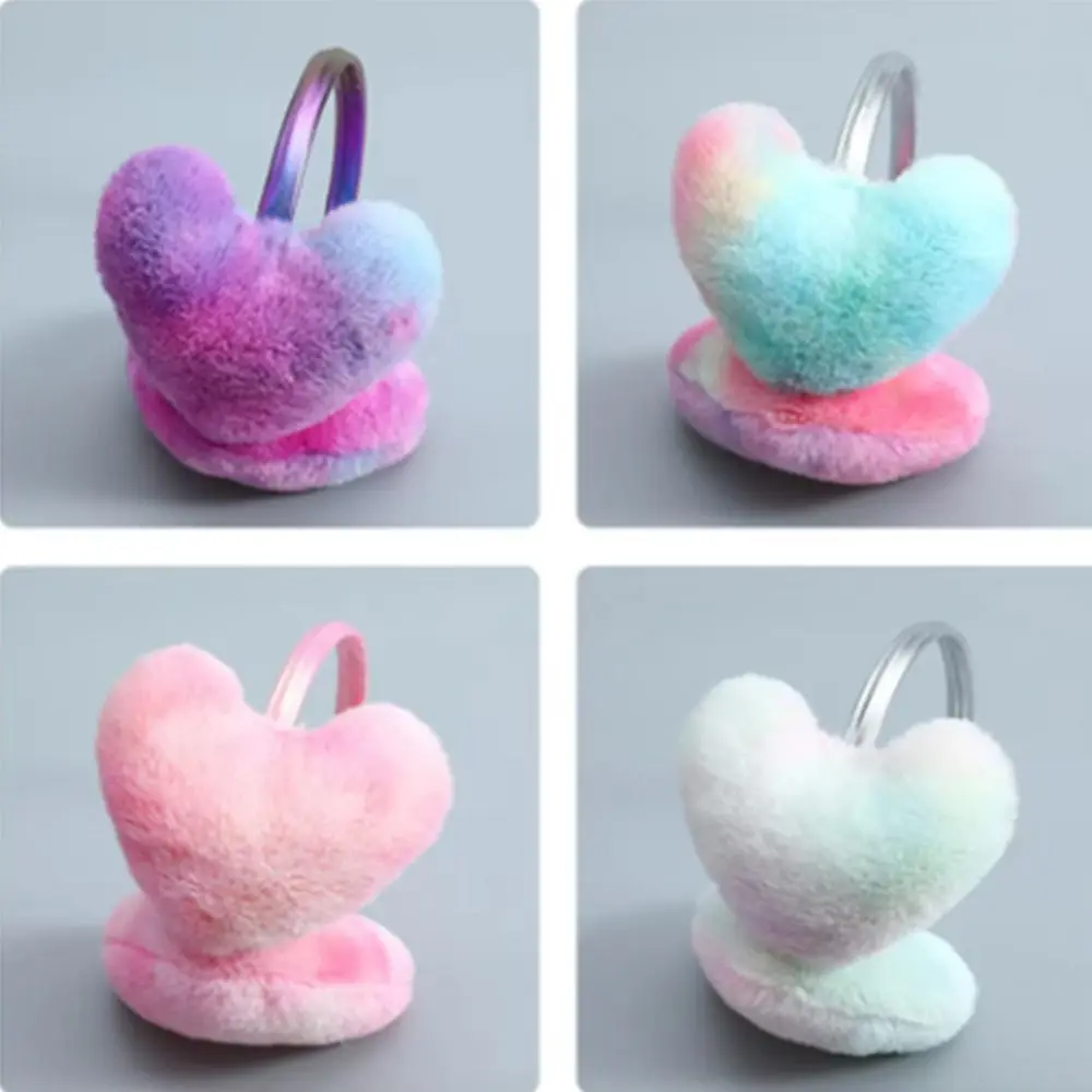 

Креативные плюшевые грелки для ушей цвета радуги, утолщенные чехлы для ушей в форме сердца, зимние теплые наушники для защиты ушей для женщин