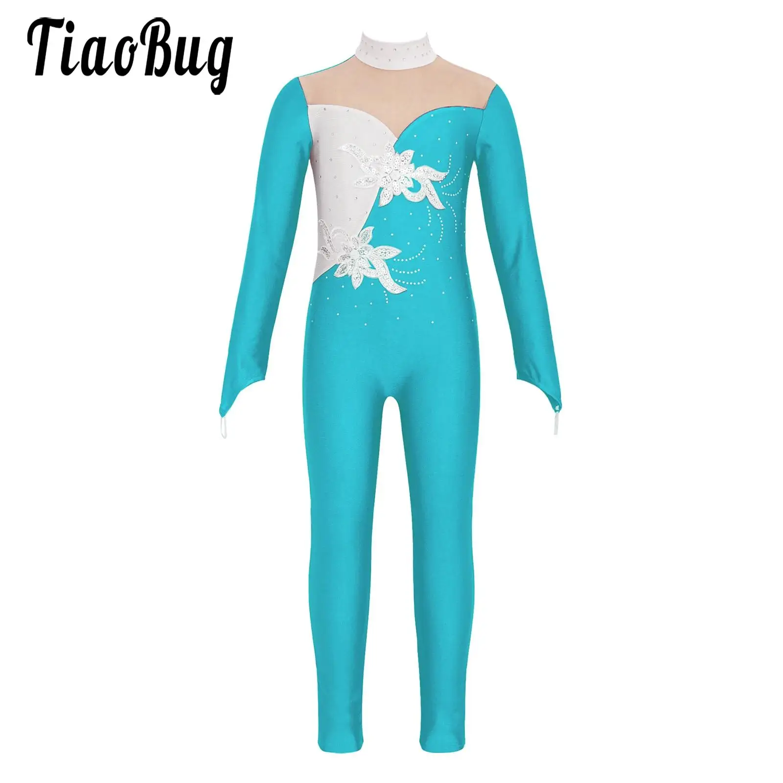 Girls Kids Long Sleeve Rhinestone Ballet Dance Full Bodysuit Leotard Sport Workout Jumpsuits Dancewear Acrobatics Gymnastics