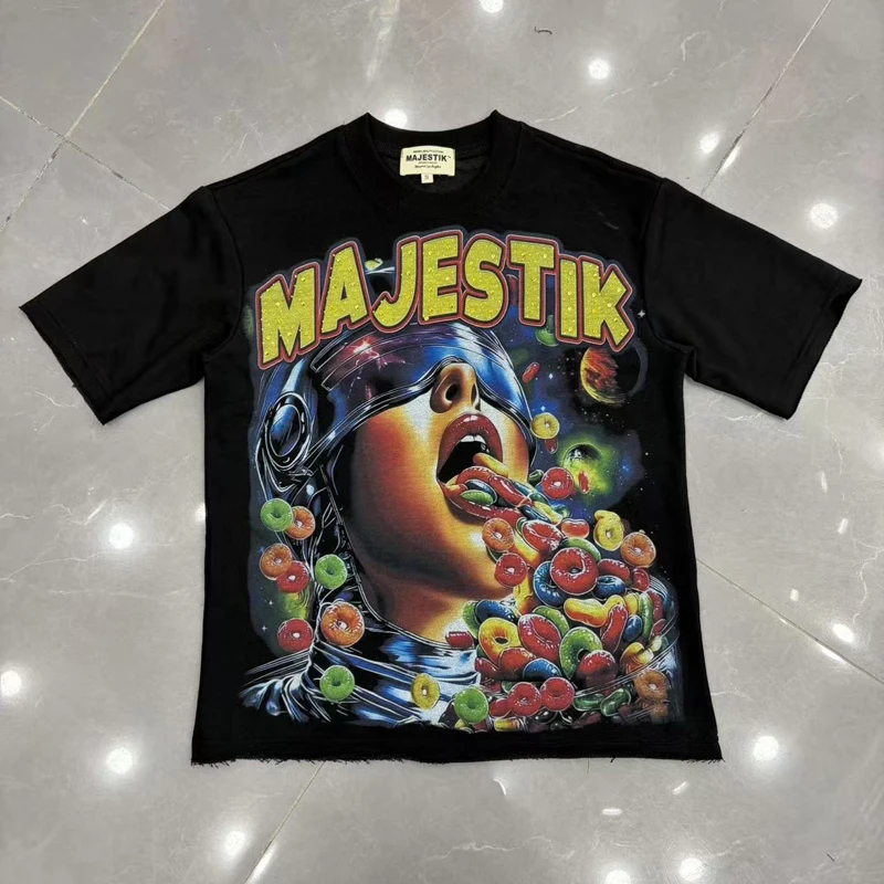 Casual Majestik T-shirts Quality Rhinestone Short Sleeve Tee Summer Trend Short Sleeve Tee