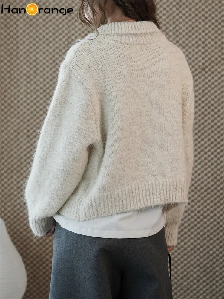 HanOrange 2025 الشتاء الرجعية كسول نمط طوق سستة محبوك رداء علوي من الصوف المرأة لينة الملمس سترة المشمش/رمادي داكن