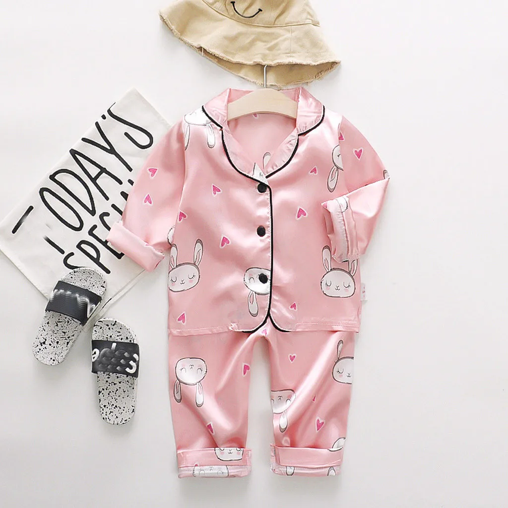 

Children Pajamas Rabbit Animal Suit Silk Satin Long Sleeve Top+Trousers 2Pcs Baby Boys Girls Cartoon Satin Set Nightgown