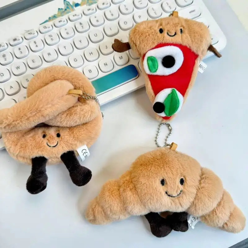 New Creative Bread Doll Stuffed Keyrings Cute Pizza Plush Doll Keychain For Bag Pendant Amusing Croissant Pendant Car Key Rings