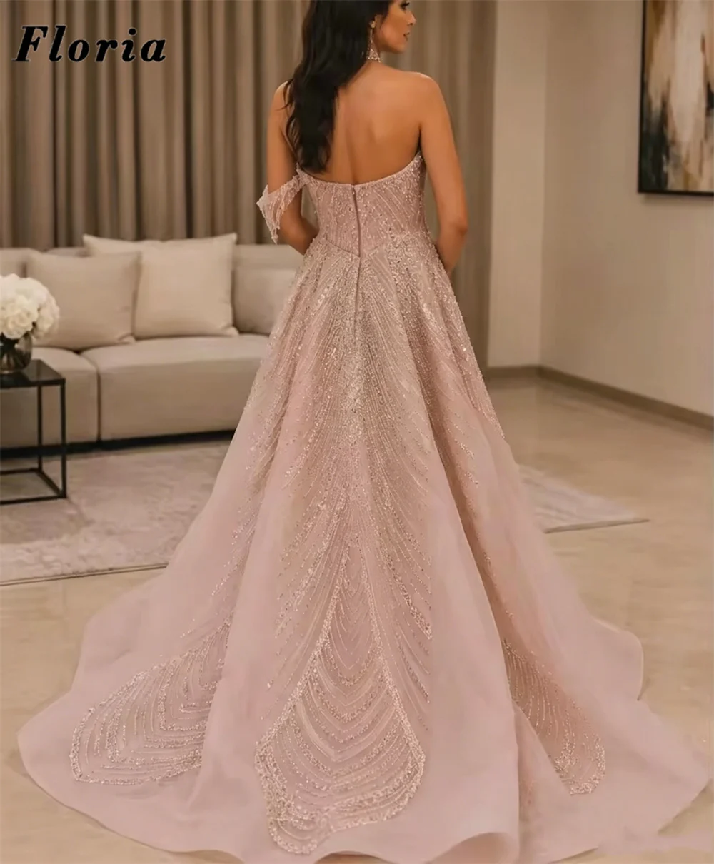 

Glitter Pink Beading Evening Dresses Off Shoulder Plus Size Diamonds Wedding Guest Gowns Customized Sweep Train Prom Party Dress