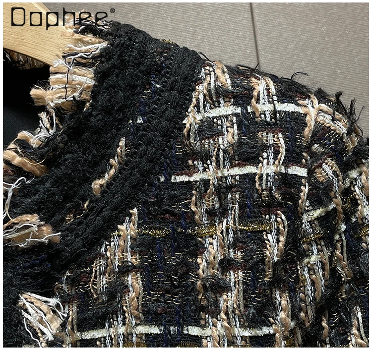 شرابة منقوشة معطف تويد خريف شتاء جديد الراقية خمر المنسوجة المرقعة اللون النمط الفرنسي معطف اجتماعي أنيق للنساء #6