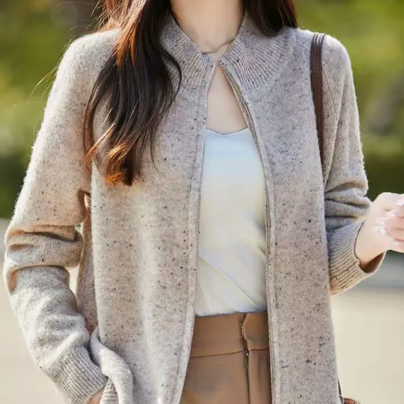 

Весна и осень 2024, новый женский шерстяной кардиган, женский свободный кардиган из пряжи с воротником-поло, вязаный свитер с длинными рукавами, пальто на молнии