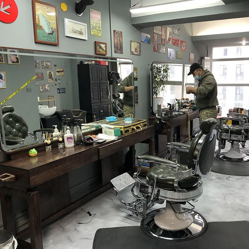 

Barber Shop Solid Wood Mirror Table High end Vintage Hairdressing Shop Hair Cutting Hot Dyeing Mirror Men's Oil Head Pavilion