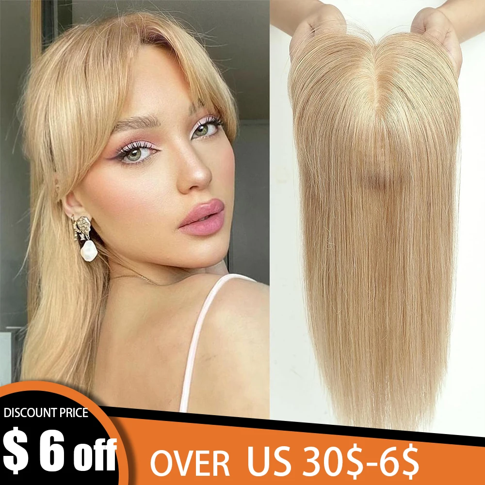 

Honey Blonde 100% Remy Human Hair Toppers with Bangs Hair Pieces Silk Base Clip in Topper Top Hair for Women with Thinning Hair