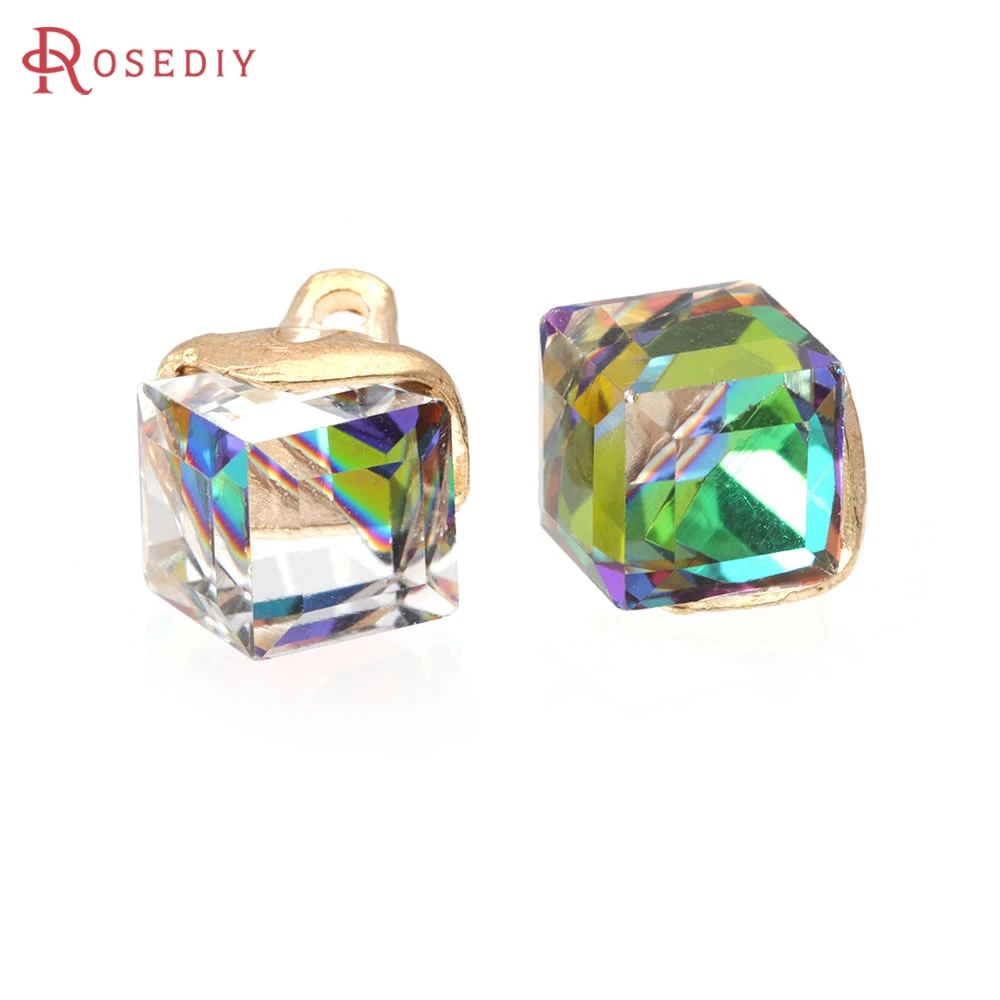 10PCS 8x8MM Gold Color Plated with Glass Cube Earring Charms Pendants Diy Jewelry Findings Accessories Wholesale