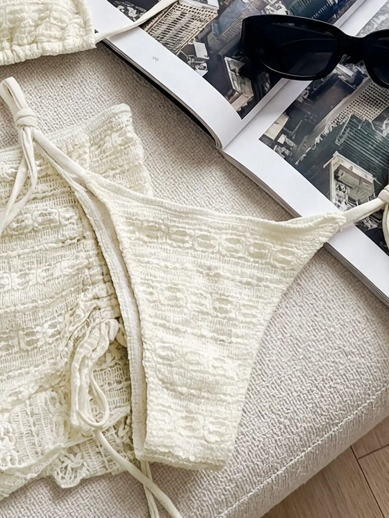 

Cream Textured Lace-Up Bikini Set With Matching Cover-Up Skirt For Summer Beach Wear