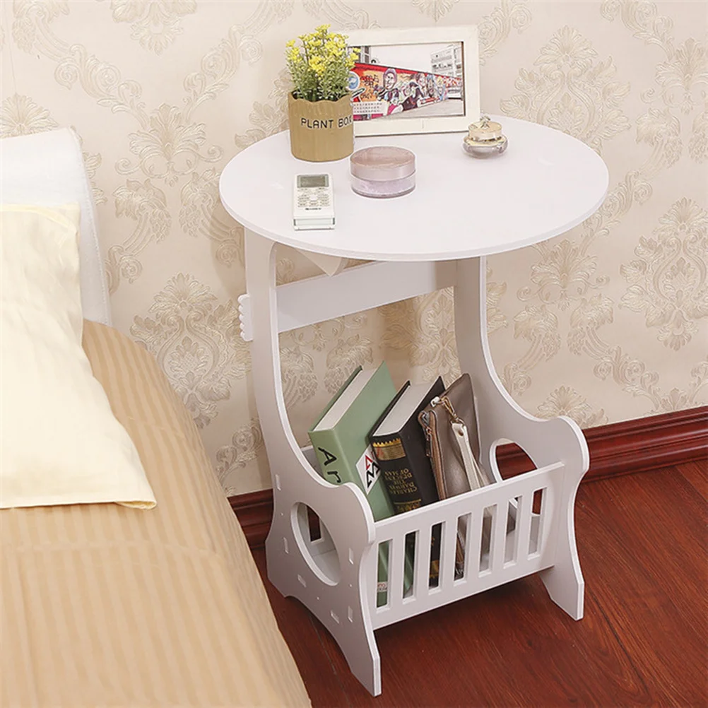 

Mini Coffee Table White Small Round Sofa Side Rack Storage Basket for Living Room Bedroom Magazine Rack
