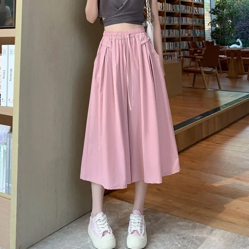 

Skirt Pants Summer Women Drawstring High Waist Wide Leg Pants Design Sense Baggy Shorts Casual Chic Five-quarter Pants New