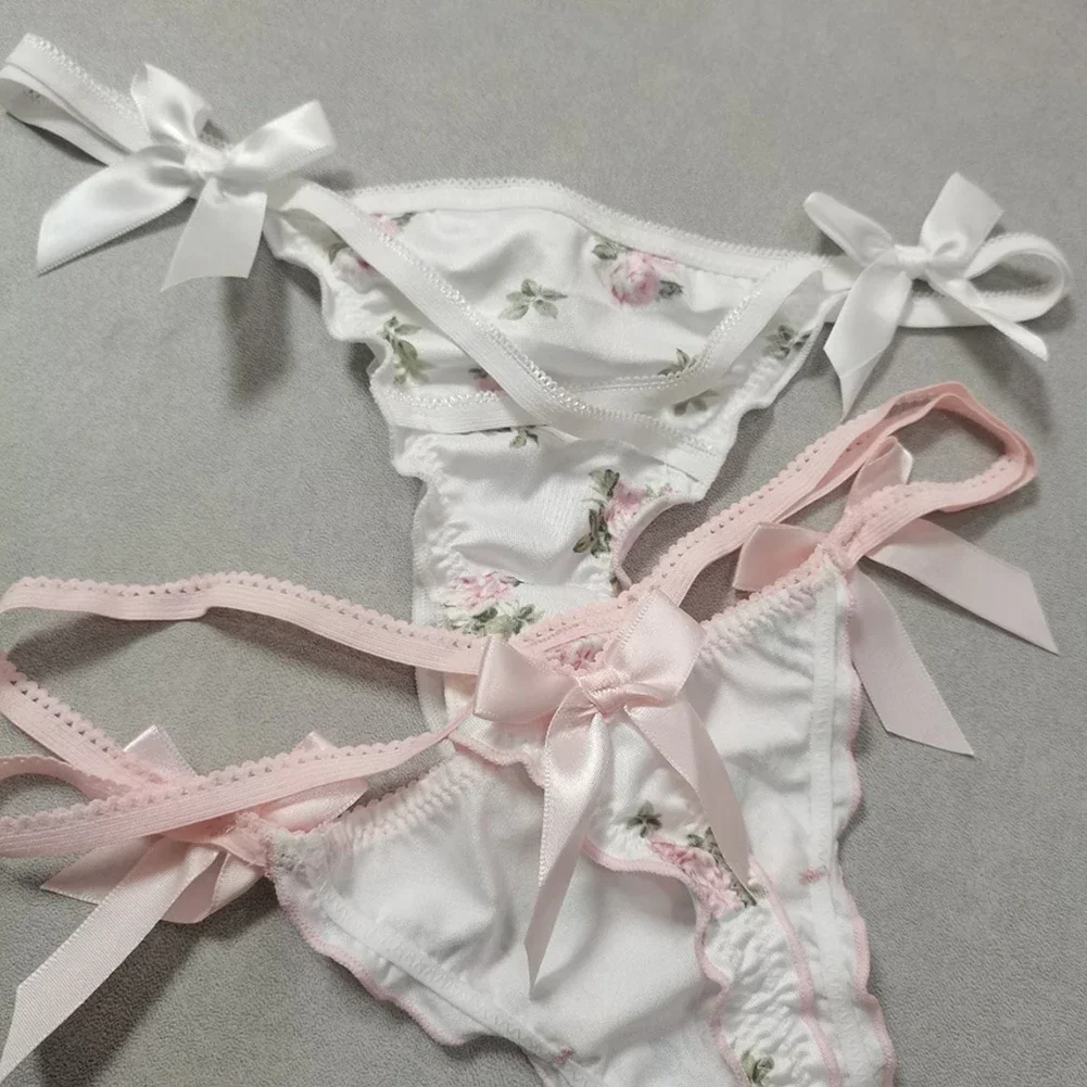 Ruffled Lovely Sweet Girl Thong Briefs Smooth Satin Panties Floral Printed T-back Underwear Bow Cross Strap Low Rise Underpants