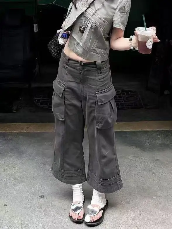 Summmr Women American Retro Jorts Cargo Jean Shorts Punk Abi Y2K Japanese Goblin Core Denim Capris Pants High Street Design Tide