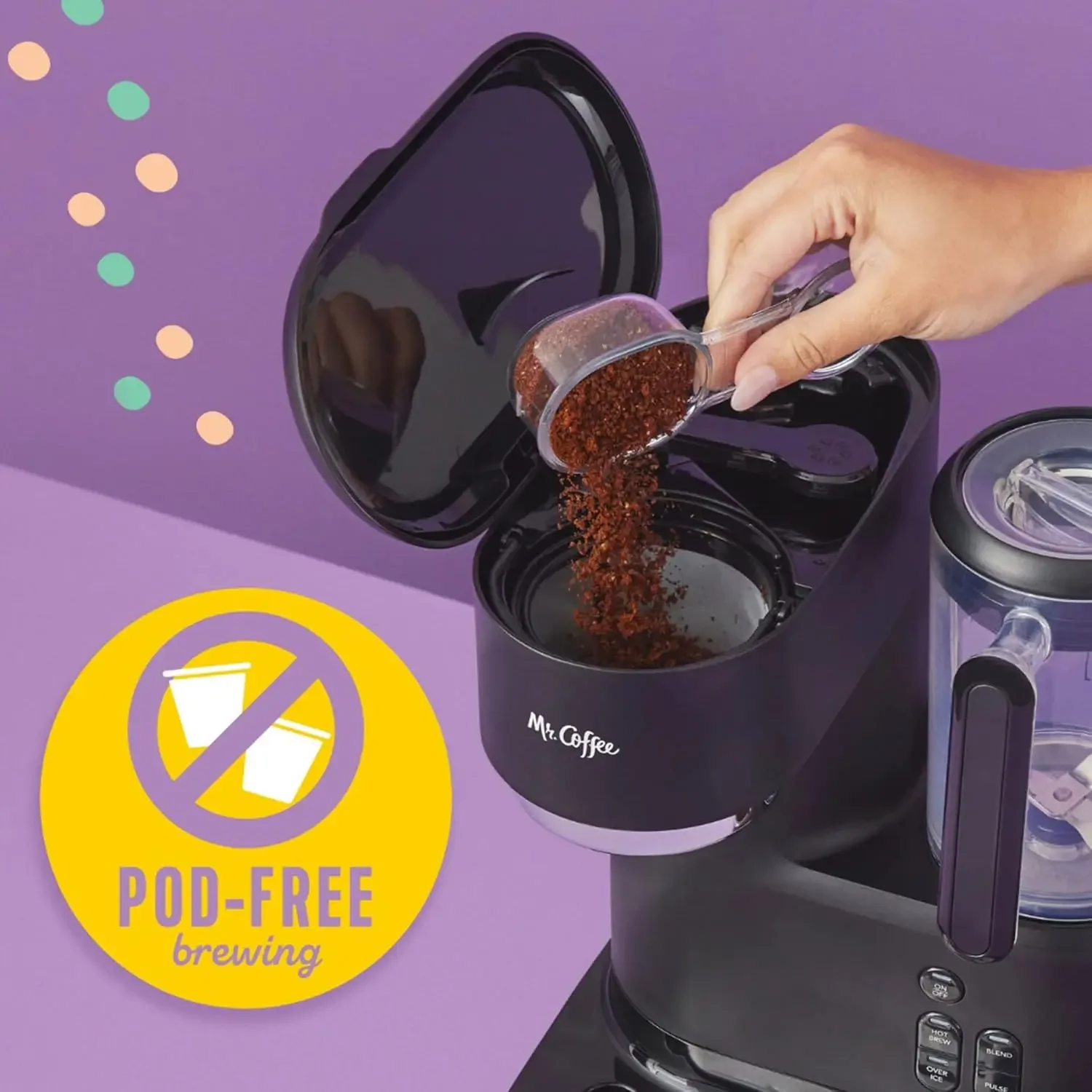 Coffee 3-in-1 Single-Serve Iced and Hot Coffee/Tea Maker with Blender with Reusable Filter, Scoop, Recipe Book, 2 Tumblers,