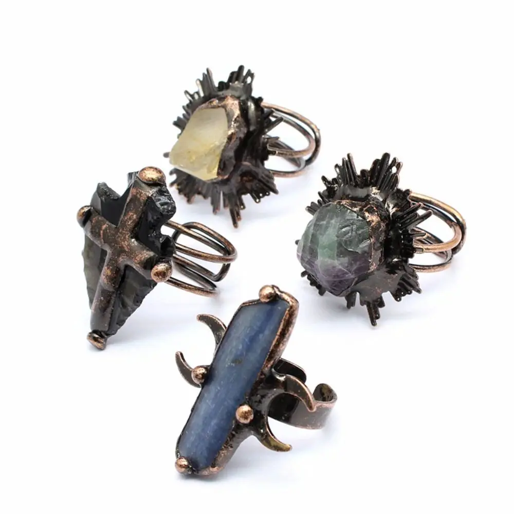 

Gothic Natural Crystal Rings Boho Hypoallergenic Adjustable Rings Alloy Unique Design Raw Stone Rings Alternative Fashion