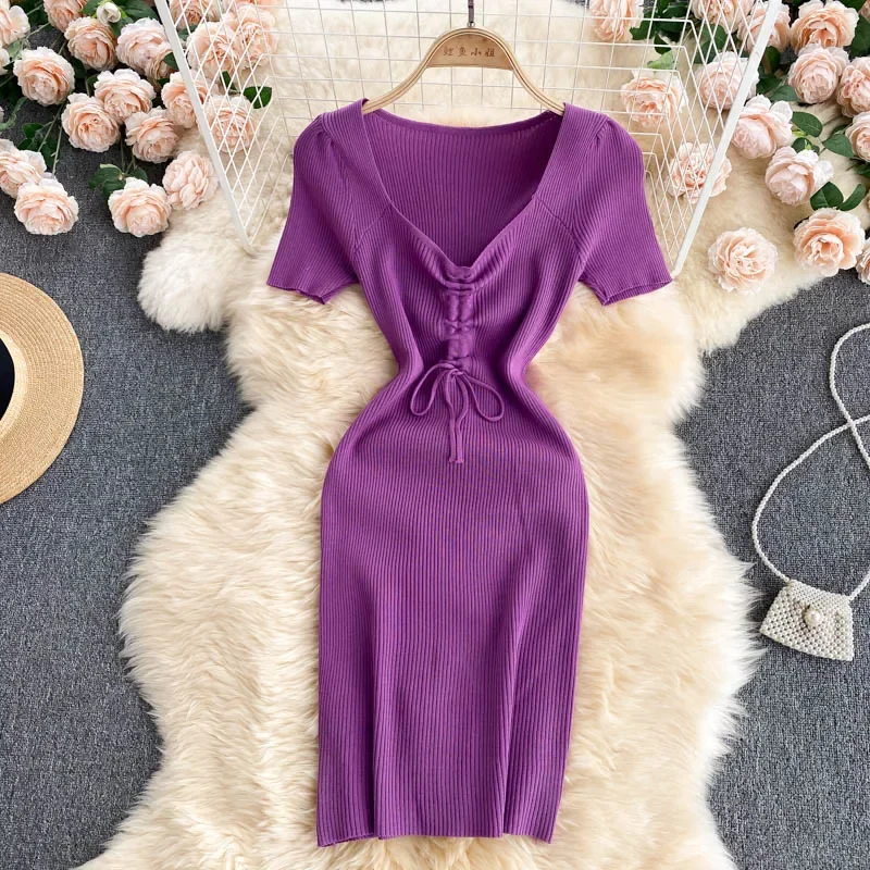 Women Korean Knitted Dress Design Drawstring V Neck Short Sleeve Elastic Slim Dress Summer Sexy Bodycon Short Sundress