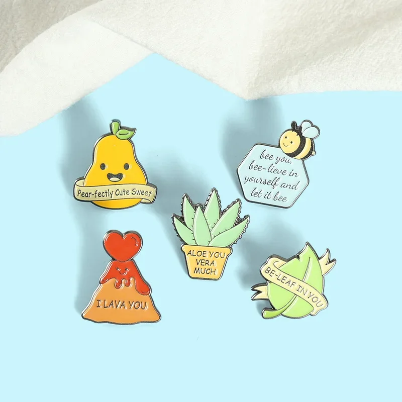 5 Pcs Cartoon Potted Plant Letters Enamel Pin Volcano Aloe Shape Brooch Lacquered Alloy Badge Backpack Accessories